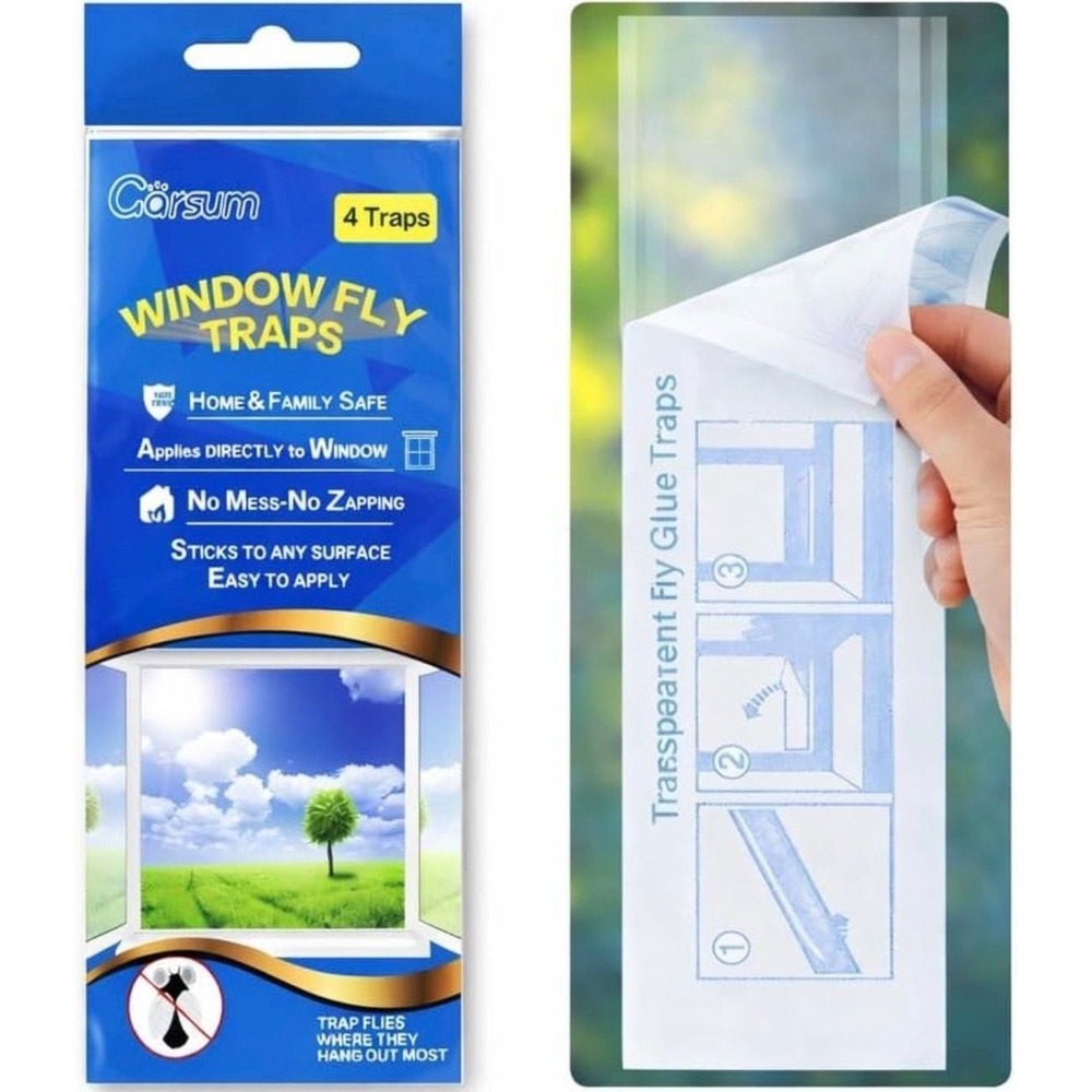 Garsum Window Fly Traps Indoor Transparent Sticky Glue Strips, 4 Count